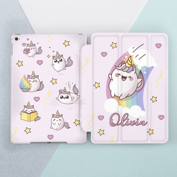 iPad case baby pink Cute unicorn Kawaii animal case iPad case name iPad case kids Girly Personalized Rainbow Custom A16 Air 13 Pro 13 Mini 7