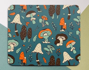Autumn mushrooms Mousepad botanical Orange leaves art Fall decor Cottage-core style  Friends gift mouse mat Round mouse pad Dark teal art