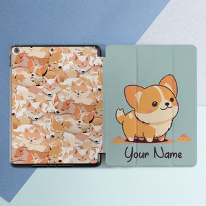 Kawaii corgi art iPad case pencil iPad case name iPad case kids Cute animal Kawaii puppy Orange dog iPad case funny Dogs lover gift Blue art