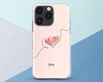 iPhone case hearts Love print decor Phone case name Romantic Valentines day gift Polka dot Light pink Cute Girly iPhone 17 16 15 14 Pixel 9