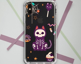 iPhone case Spooky cat skeleton Bumper Protective iphone case Halloween Spider web iPhone 17 16 15 Case for Samsung s24 s25 Google Pixel 9 8