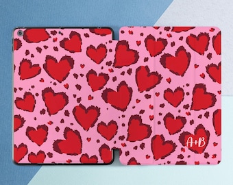 Animal print style iPad case hearts Custom initials Valentines day gift iPad case name Pink Red pen holder Mini 7 Pro 11 2025 Pro 13 Air 13