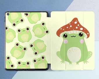 Funny green frog Red mushroom iPad case pencil With pencil holder Light green case Cute Kawaii animal Amphibian Pro 13 Air 13 11 2025 Mini 7