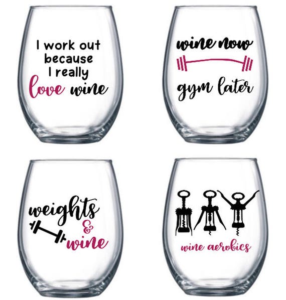 Set of 4 Stemless Wine Glasses With Funny/cute Sayings 