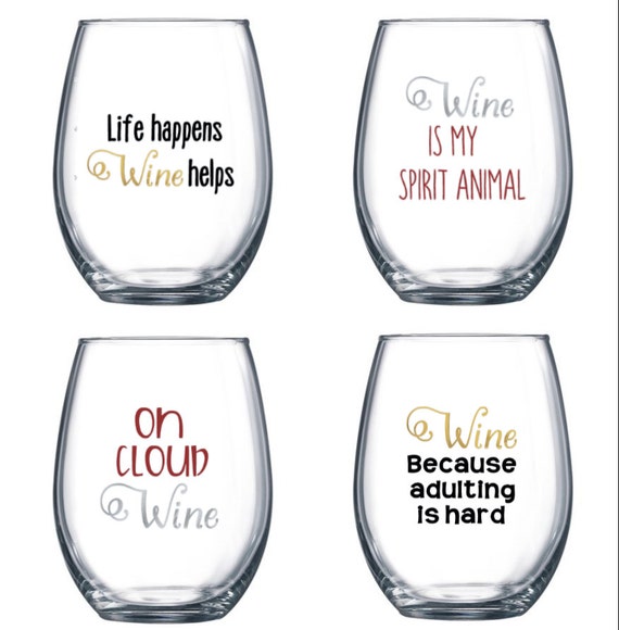 Set of 4 Stemless Wine Glasses with funny/cute sayings | Etsy