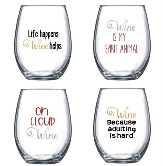 Set of 4 Stemless Wine Glasses With Funny/cute Sayings 