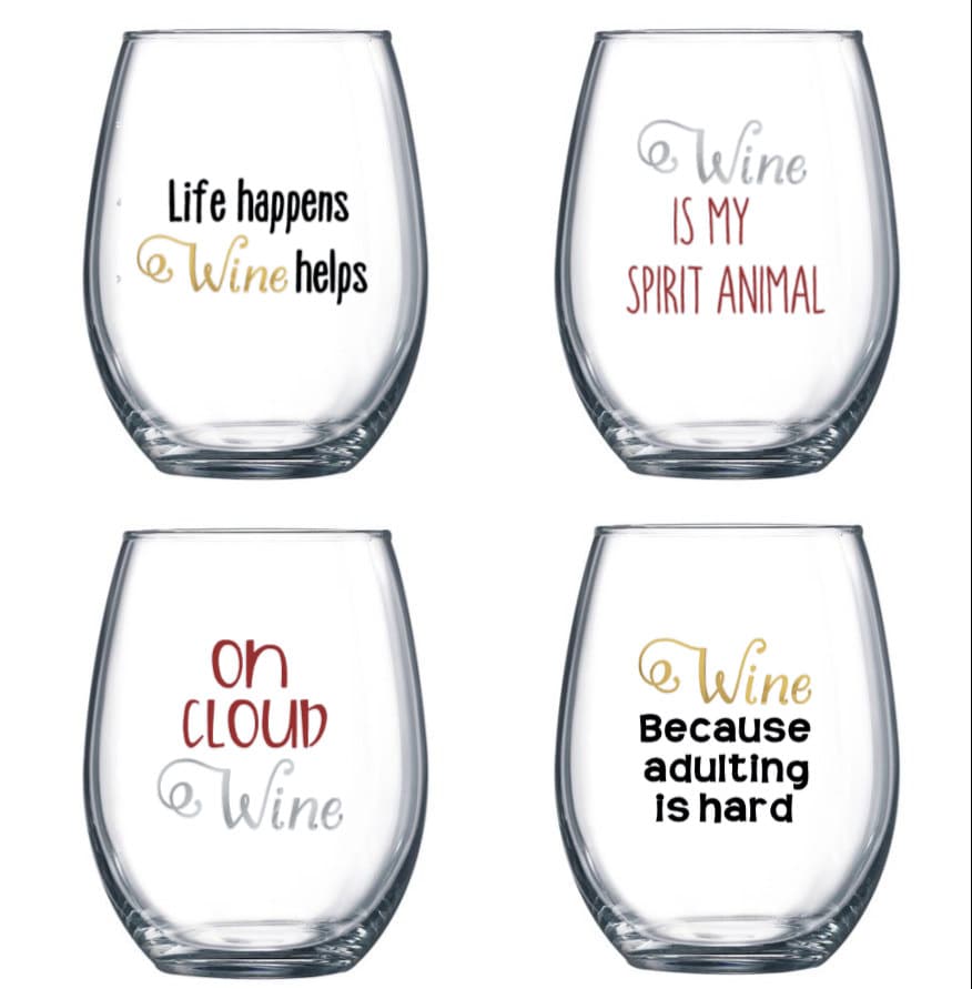 Shatterproof Stemless Wine Glasses with Punny Sayings, Buzzed Juiced Lit  Toasted, Cute Glass for Girls Night, Set of 4