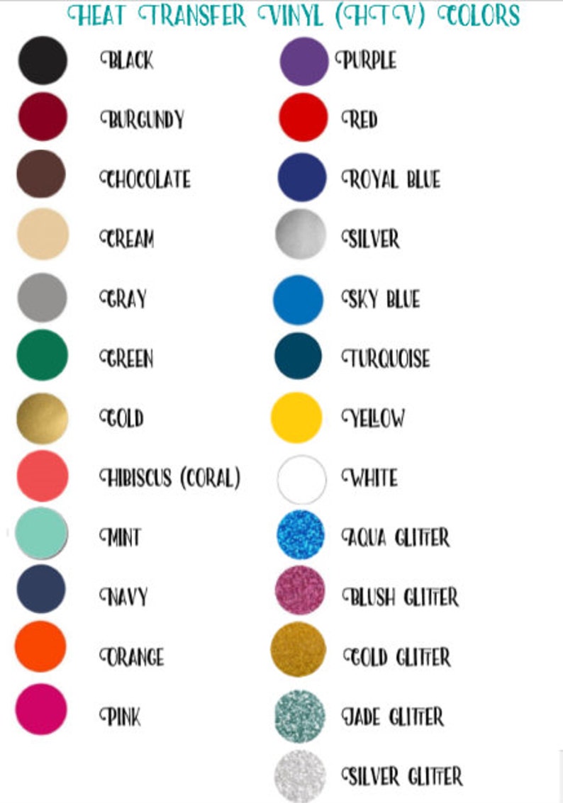 Op de afbeelding: Een kaart met een verscheidenheid aan kleuren voor hittetransfervinyl, waaronder zwart, bordeauxrood, chocolade, cr&egrave;me, grijs, groen, goud, hibiscus (koraal), mint, marineblauw, oranje, roze, paars, rood, koninklijk blauw, zilver, lichtblauw, turquoise, geel, wit, aqua glitter, blush glitter, goud glitter, jade glitter en zilver glitter.