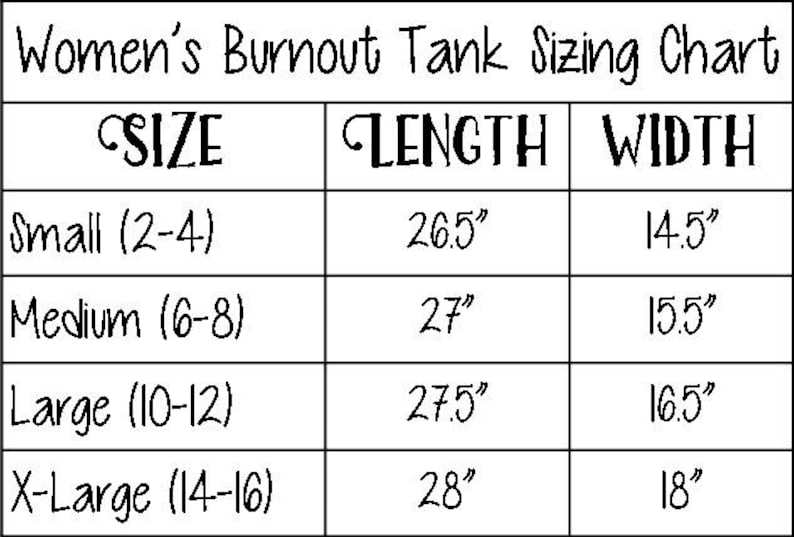 Op de afbeelding: Een maattabel voor dames burnout tanktops. De tabel geeft de maten van S tot XL weer, met de bijbehorende lengte- en breedtemaat in inches.