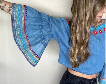 Embroidered Denim Bell Sleeve Blouse