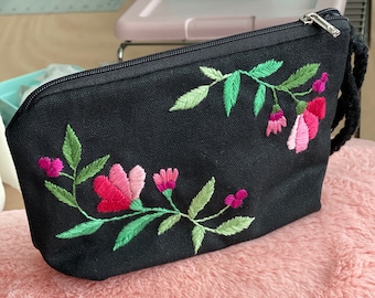 Floral Embroidered Makeup Bag/Wristlet