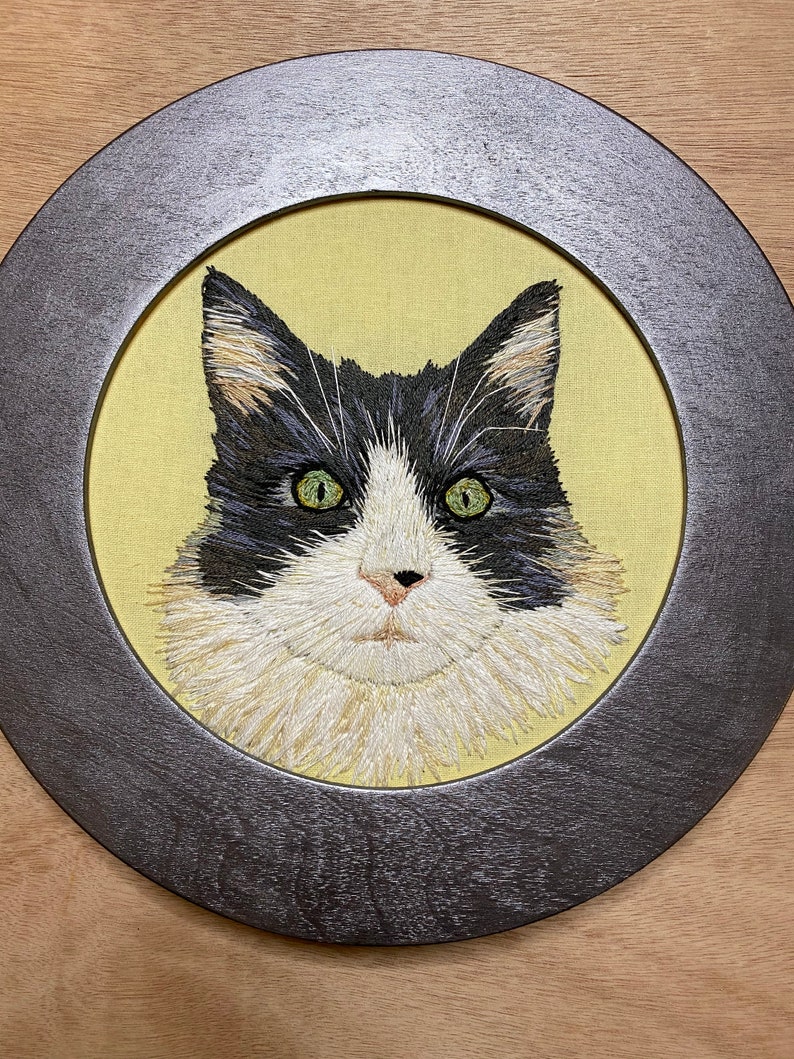 Custom Cat Portrait Hand stitched embroidery complete with wood frame: Cats, Dogs, Bunny's you name it image 3