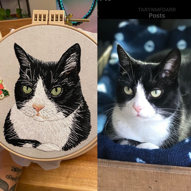 Custom Cat Portrait Hand stitched embroidery complete with wood frame: Cats, Dogs, Bunny's you name it image 7