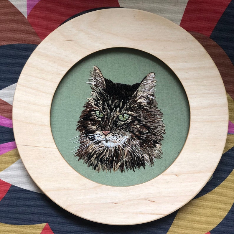 Custom Cat Portrait Hand stitched embroidery complete with wood frame: Cats, Dogs, Bunny's you name it image 1