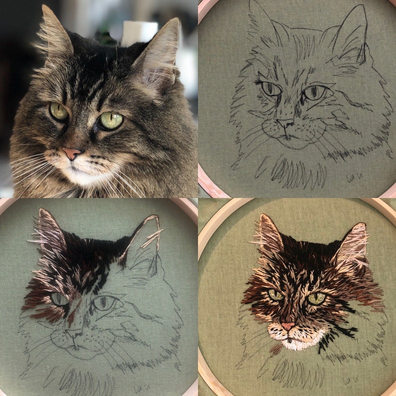 Custom Cat Portrait Hand stitched embroidery complete with wood frame: Cats, Dogs, Bunny's you name it image 2