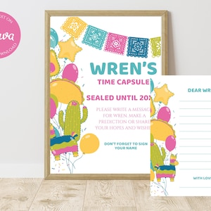 Cartel y tarjetas para la cápsula del tiempo de la fiesta de cumpleaños infantil Fiesta, plantilla editable (descarga digital), CC2