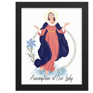 May include: A framed illustration of the Assumption of Our Lady, depicting a woman in a blue robe and pink dress, ascending to heaven with a halo of stars. The image is surrounded by a wreath of blue flowers and green leaves.