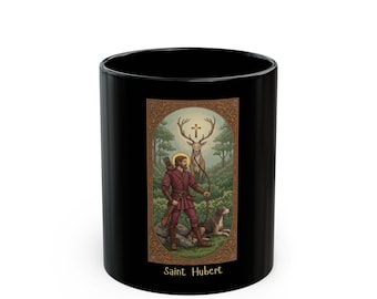 Saint Hubert Catholic Coffee Mug: Black Ceramic Saint Gift
