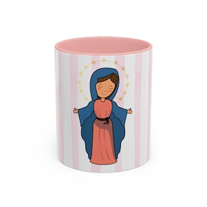 Virgin Mary Catholic Coffee Mug: Striped Marian Design
