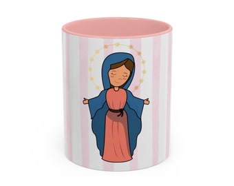 Virgin Mary Catholic Coffee Mug: Striped Marian Design