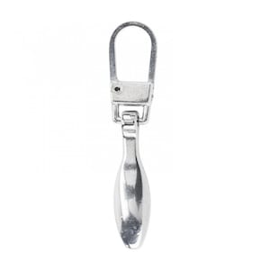 May include: A silver-colored metal swivel clasp with a rounded top and a teardrop-shaped bottom. The clasp is designed to attach to a bag or other item. The metal has a shiny finish and reflects light.