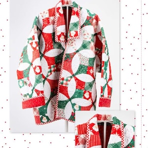 May include: A quilted jacket featuring a patchwork design with red, green, and white colors. The fabric displays patterns of Santa Claus faces, stars, and plaid. The jacket has a collar, long sleeves, and the text "Quilted Jacket" and "one size fits all".
