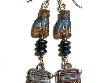 Seeking Time Traveling Cats Who Type - earrings - Czech glass - blue cats - vintage typewriter charms - sterling silver wires