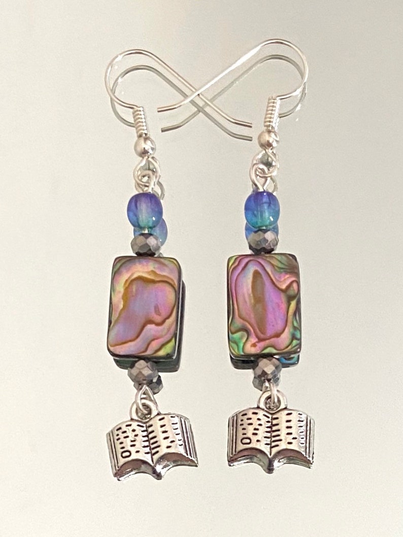 sterling silver wires tiny books glass The Text and Its Reflection abalone shell earrings