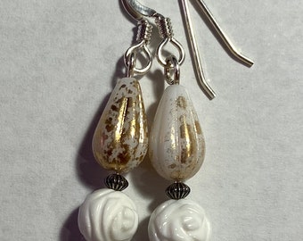 Under Ancient Seas - earrings - carved shell roses - Czech glass - sterling silver