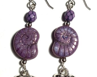 Fibonacci's Dream Diary - earrings - Czech glass - tiny book charms - sterling silver wires and beads - purple - nautilus - spiral