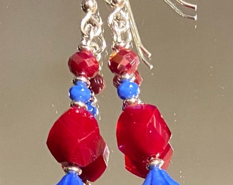 Myself On Purpose - earrings - Czech glass flowers - faceted glass - sterling silver - blue - red