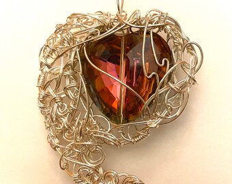 Rolling with the Sound of Wings - pendant - sterling silver hand sculpted wire work  - glass