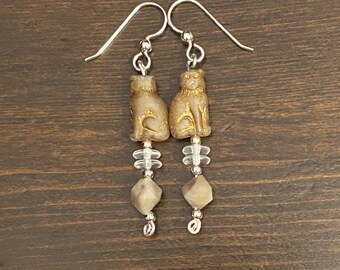Meet the Woodcats - earrings - wood opalite - Czech glass - sterling silver - glass cat beads - petrified wood