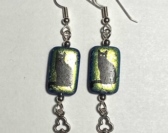 Side Quests - earrings - key charms - Czech glass cat beads - black cats - sterling silver wires