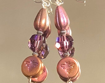 Insistence - earrings - Czech glass - vintage purple crystal beads - bee beads - sterling silver