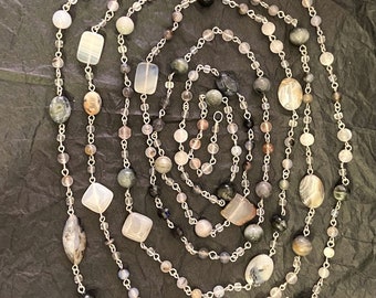 Situations Half Glimpsed - long linked beaded necklace - quartz with inclusions - agates - other stone -  selenite - tourmalinated quartz