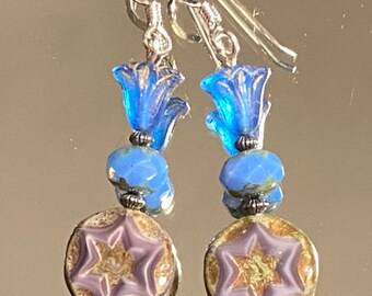 Speak To Me of the Garden - earrings - Czech glass - sterling silver - blue - purple