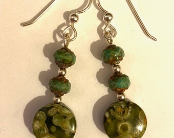 Swamp Q & A - earrings - sterling silver - rhyolite - Czech glass - green