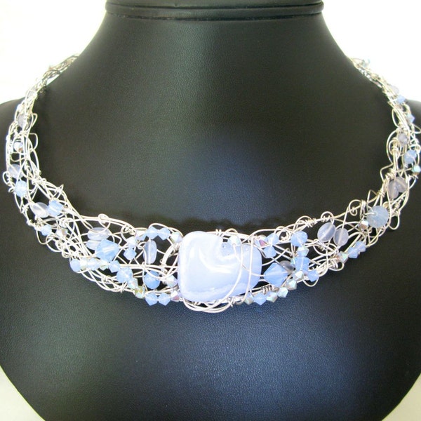 A Little Blue Magic - necklace-crown - blue lace agate - blue chalcedony - Swarovski crystal - sterling silver