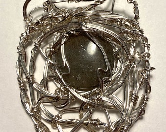 My Hypervigilant Friend - double-sided pendant - labradorite - handmade sterling silver wirework - golden orange peach sun flash