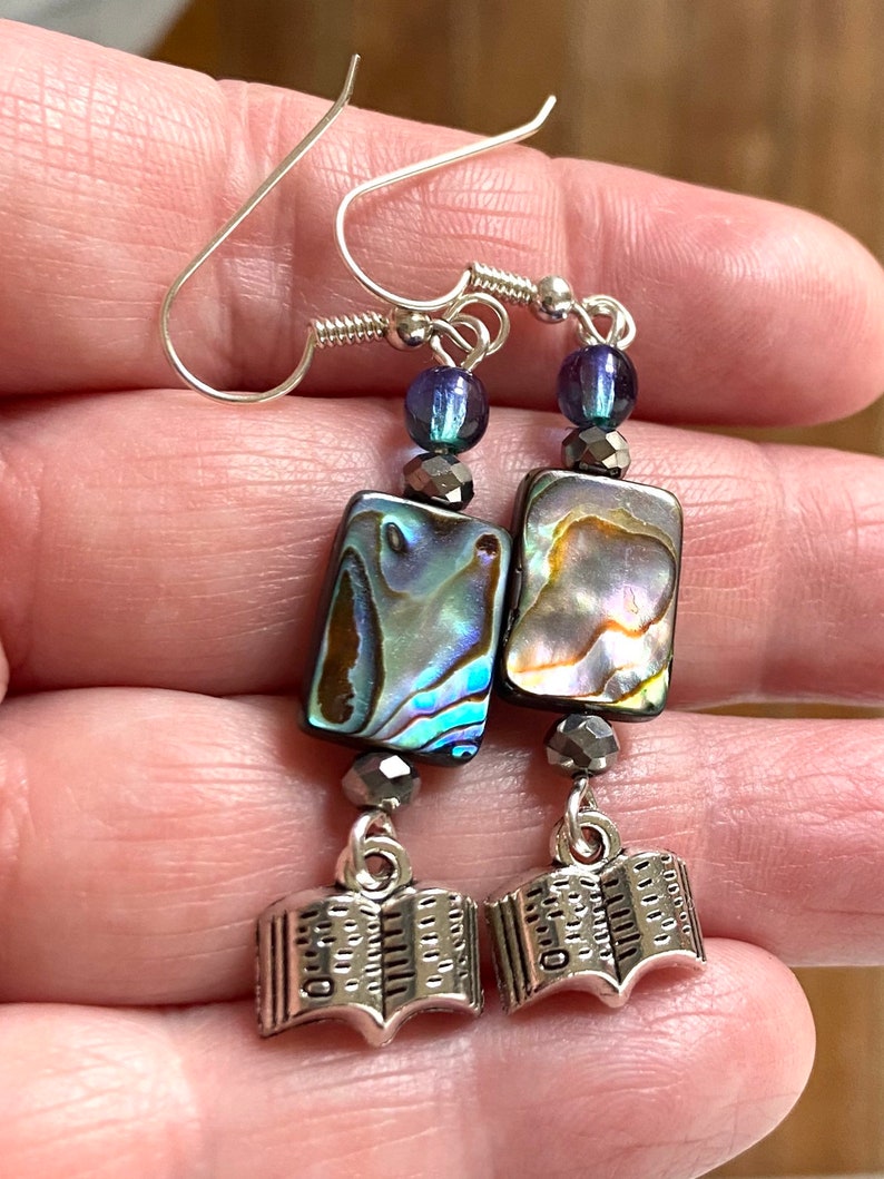 sterling silver wires tiny books glass The Text and Its Reflection abalone shell earrings