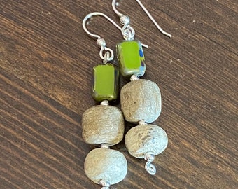 Changes Over Time and Under - earrings - stegodon bone - Czech glass - sterling silver - fossils