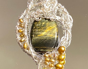 Company - pendant - tigereye - cultured pearls - sterling silver wirework