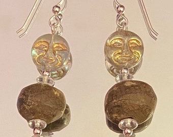 Old Moon Friends - earrings - stegodon bone - Czech glass - sterling silver