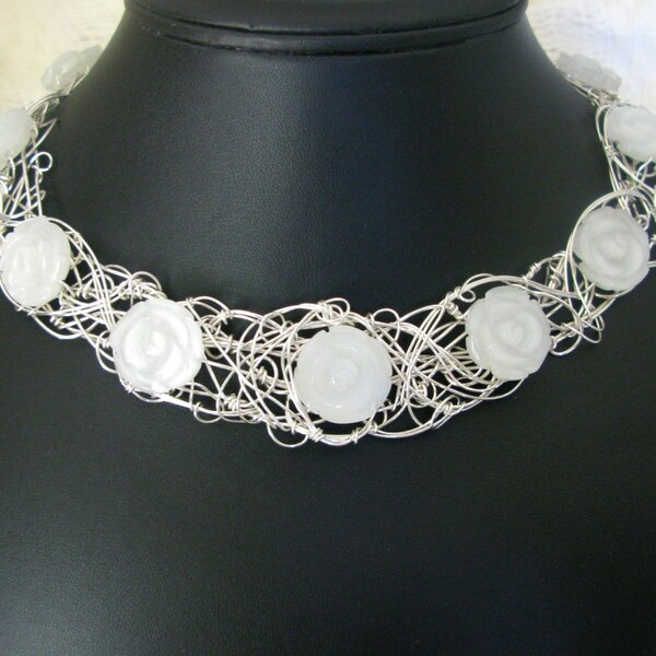 Snow - necklace-crown - carved fiber-optic glass roses - white flowers - sterling silver