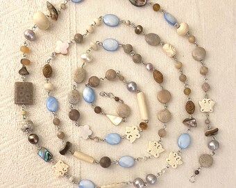 The Quiet Powers - necklace - fossils - shell - bone - fossil coral - cultured pearls - sterling silver