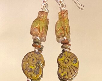 The Cats Explain History - earrings - Czech glass - sterling silver -green and clear glass