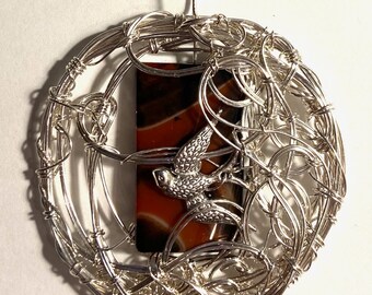 I Carry My Compass Inside Me - pendant - sterling silver wirework - black and red stone - bird charm