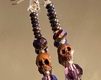 PIRATE MOOD - earrings - purple - vintage and other crystal - carved wooden skulls - Czech glass - sterling silver