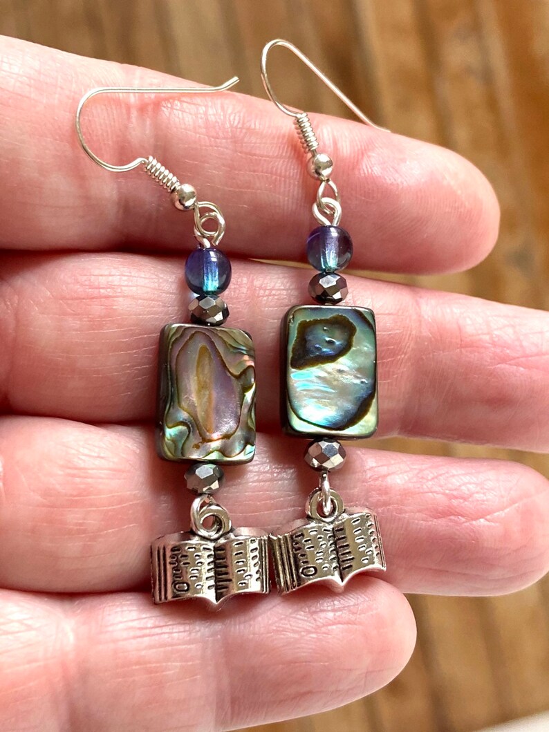 sterling silver wires tiny books glass The Text and Its Reflection abalone shell earrings